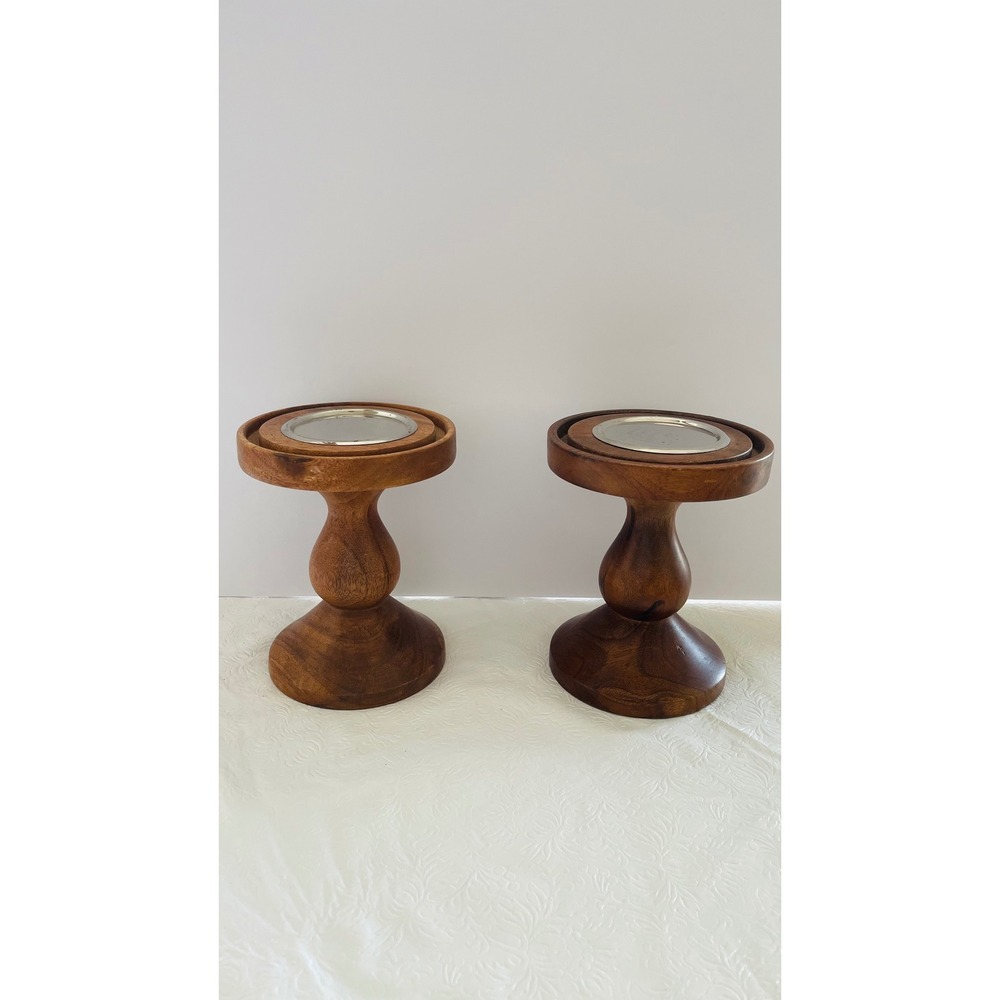 Pair Turned Wood Pillar Candle Holders Metal Insert Stand 8 Inch Farmhouse⁠